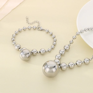 Silver stainless steel hollow ball pendant necklace and bracelet jewelry set with lobster clasp