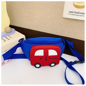 Detailed close-up of a blue and red car-shaped kids chest bag made of durable canvas