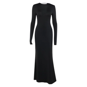 Elegant slim fit long black maxi dress with long sleeves and round neck style