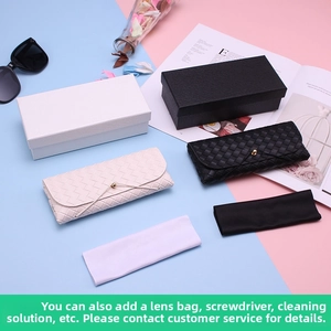 Detailed set of woven PU leather eyewear cases with matching gift boxes and cleaning cloths