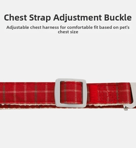 Detailed view of the adjustable strap buckle on the plaid dog harness for a perfect fit