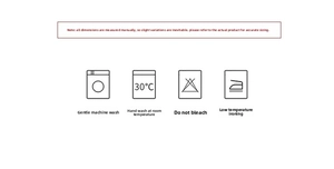 Detailed washing care guide and size measurement icons for water-resistant work apron