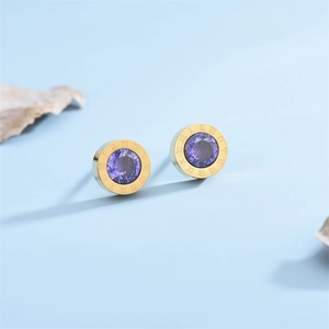 Golden Roman numeral titanium earrings with round purple zircon inlay in a luxury style