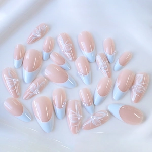 Classic French light blue almond press-on nails with white floral patterns and pearls