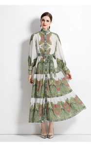 Close-up of vintage floral print with stand collar and single-breasted detail on maxi dress