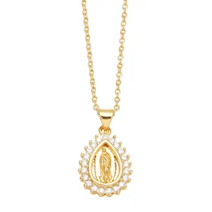 Gold Virgin Mary teardrop pendant necklace with zircon halo and thin cable chain