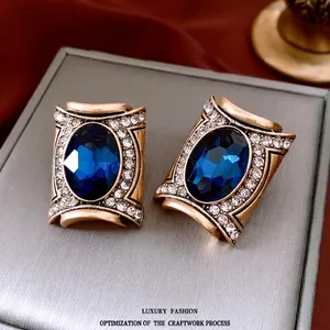 Vintage Palace Style Oval Blue Glass Earrings With Silver Earring Post And Cubic Zirconia Retro Baroque Jewelry For Women