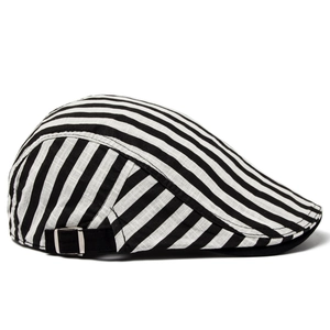 Classic black and white striped cotton linen flat cap for spring and summer season
