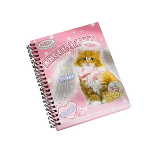 Detailed view of pink spiral notebook with vintage Y2K angel cat cover and black twin wire