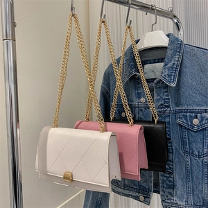 Quilted crossbody small square bag with gold chain strap in beige, pink, and black
