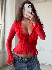 Haut Sexy En Maille À Col En V Pour Femmes Bordure À Volants Manches Longues Évasées Coupe Slim Blouse