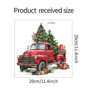 Detailed view of Christmas sticker featuring a red truck and tree, 29x29 cm dimensions