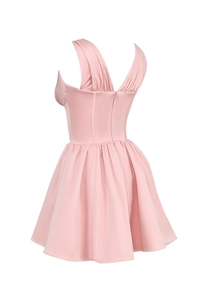 Detail view of pink satin corset back with invisible zipper on mini dress