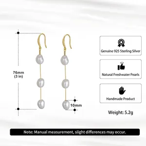 Handmade 925 sterling silver drop earrings with natural baroque pearls, 76mm in length