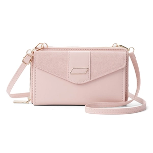 Pink faux leather crossbody phone bag featuring a textured flap and metal buckle detail