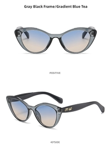 Cat-eye sunglasses detail showing front and side views with gradient blue tea lenses