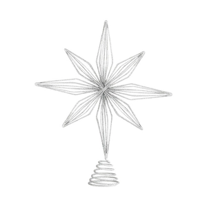 Silver hollow eight-pointed star Christmas tree topper with glitter finish and spiral base
