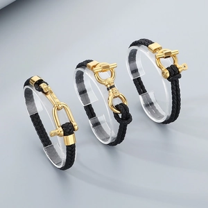 Three men's woven black leather bracelets with gold 304 stainless steel horseshoe buckles