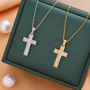 Luxe micro-pave cross pendant necklace in gold and silver finish with O-link chain
