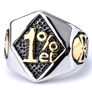 Macro shot of 1%er skull biker ring with golden hexagon face and silver relief