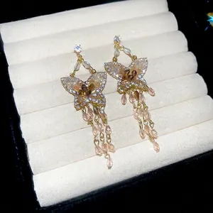 Vintage gold butterfly tassel earrings with crystal zircon and pink teardrop bead charms