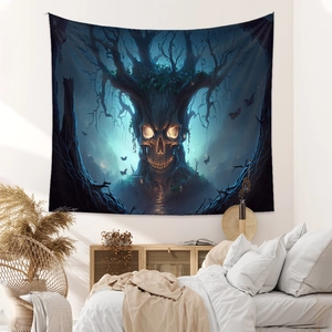 Detail of Bohemian Halloween tapestry with a glowing skull design in a cozy bedroom setting