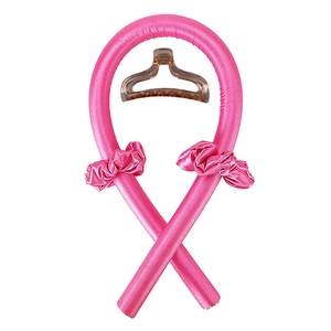 Pink satin heatless hair curler set with matching scrunchies and clear hair claw clip
