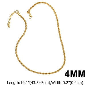 Classic 4mm gold plated rope chain necklace with lobster clasp and adjustable 19 inch length