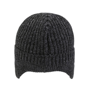 Winter thermal charcoal grey chenille knit beanie with ear flaps and ribbed texture