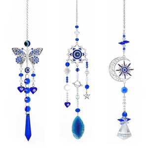 Set of 3 blue evil eye butterfly suncatchers with crystal prisms and silver accents