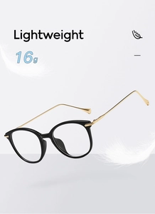 Detailed view of 16g lightweight cat-eye glasses frame in black and gold with feather