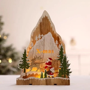 Lighted mountain-shaped wooden Christmas ornament with Santa and reindeer scenery