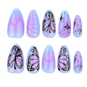Purple gradient almond press-on nails with 3D black butterfly and star designs