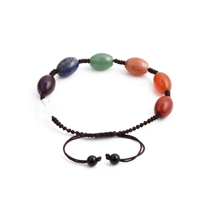 Handmade braided rope bracelet with colorful oval chakra stone beads and adjustable cord
