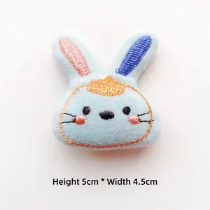 Blue fabric rabbit patch detail with embroidery and dimensions 5cm x 4.5cm