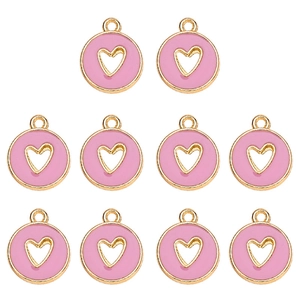 Detailed set of ten pink enamel hollow heart pendants with gold plated frames for DIY jewelry