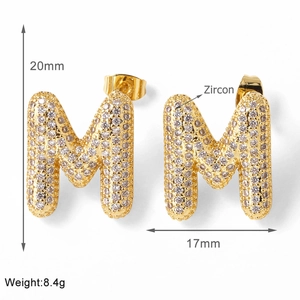 Detail showing letter M stud earring dimensions 20mm with gold plating and zircons