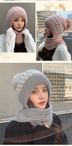 Detail of winter knitted hood scarf with pom-pom in pink and grey color options