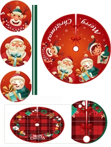 Detail of Christmas tree skirts featuring festive cartoon motifs and classic red plaid patterns