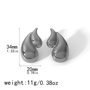 Detail view of 18k gunmetal double-layer teardrop earrings with size measurements