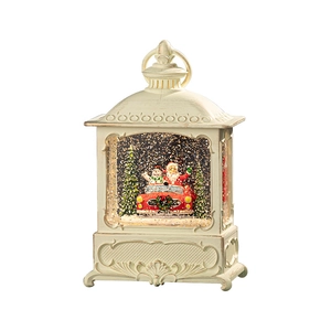 Vintage Christmas lantern music box with Santa, snowman, and swirling snow inside