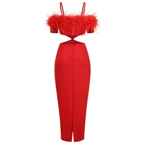 Detail of red off-shoulder maxi dress featuring elegant feather trim and waist cut-out design