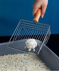 Pet scooper with stainless steel wire mesh and ergonomic wooden handle for cat litter