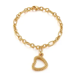 Gold hollow heart pendant bracelet with vintage twisted texture in stainless steel
