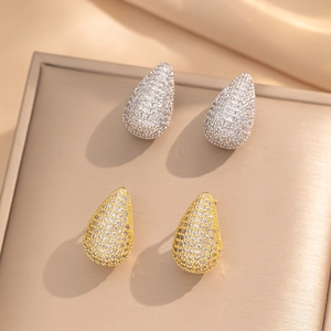Elegant water drop stud earrings with sparkling pavé zircons in gold and silver finish