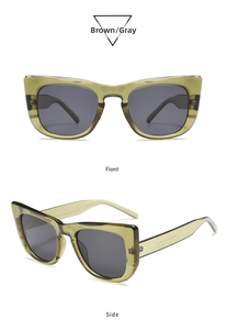Detail view of transparent brown cat-eye sunglasses with UV protection gray lenses