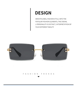 Close-up of stylish rimless square sunglasses with grey lenses and elegant gold-toned hardware.