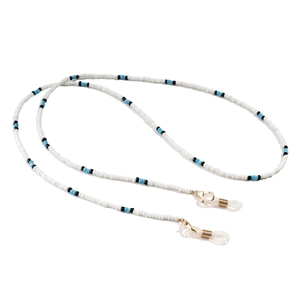 Handmade beaded eyewear strap in white, blue and black with gold adjustable loops