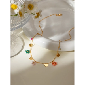 18k gold plated stainless steel beaded chain necklace with colorful flowers and heart charms
