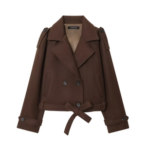 Women Woolen Short Jacket Buttoned Belted Coat Lapel Long Sleeve Casual Fashion Dark Brown Outerwear Elegant